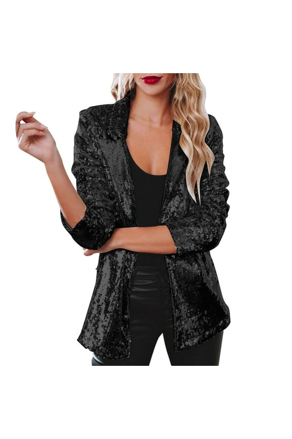 Women's Blazers & Suit Jackets Women Sequins Sequin Jacket Casual Long Sleeve Glitter Party Shiny Lapel Coat Rave Outerwear Black L