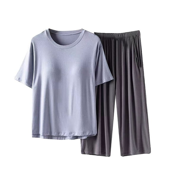 Hontri Women's Capri Pajama Set - 3/4 Length Sleepwear with Chest Pads - Breathable Summer Nightwear Outfit (M-XXXXL) (Blue | 3)