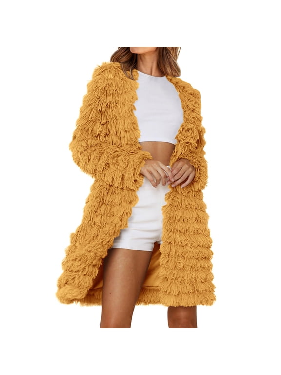 Women's Cardigan Thin on Sales, Women's 2023 Winter Faux Jackets Fall Fashion Front Long Shaggy Coat Outerwear Black,Grey,White,Khaki,Yellow,Pink,Mint Green,Wine