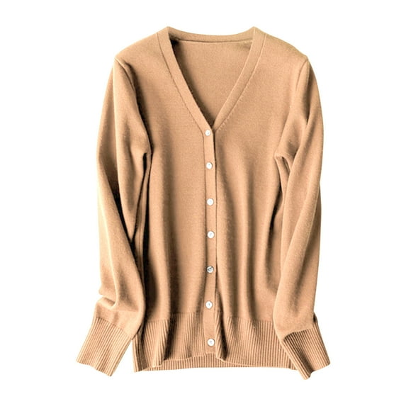 Hontri Women's Cardigan Women's Classic Button Down Long Sleeve V Neck Soft Knit Sweater Khaki L