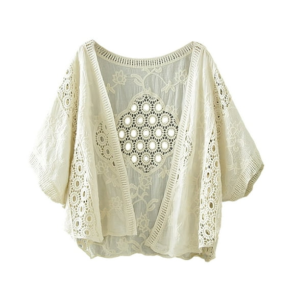 Hontri Women's Cardigan Women's Embroidered Hollow Art Thin Top Cotton Short Bat Sleeve Cardigan Beige One Size