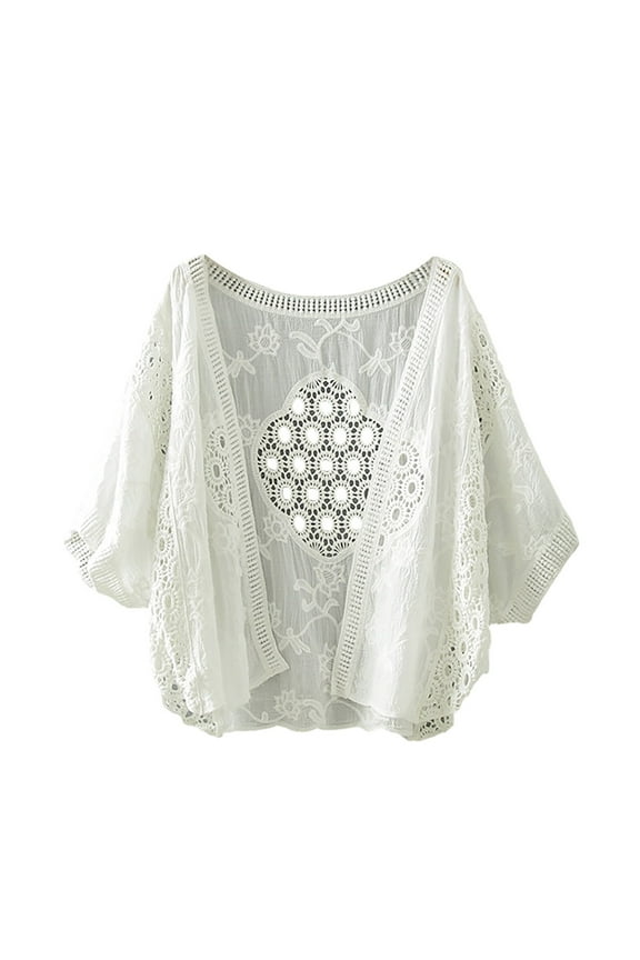 Women's Cardigan Women's Embroidered Hollow Art Thin Top Cotton Short Bat Sleeve Cardigan White One Size