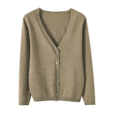 Hontri Women's Cardigan Women's Spring and Autumn Leisure Loose Solid Long Sleeve V Neck Button Knitted Soft Cardigan Coat Khaki Xxl