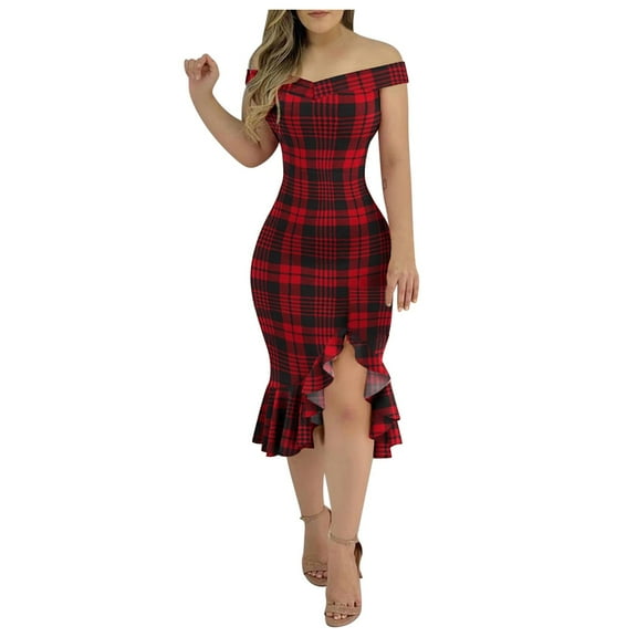 Hontri Women's Casual Dress, Women Fashion Plaid Dress Plain Cold Shoulder Ruffle Loose Hem Slit Dress Red L