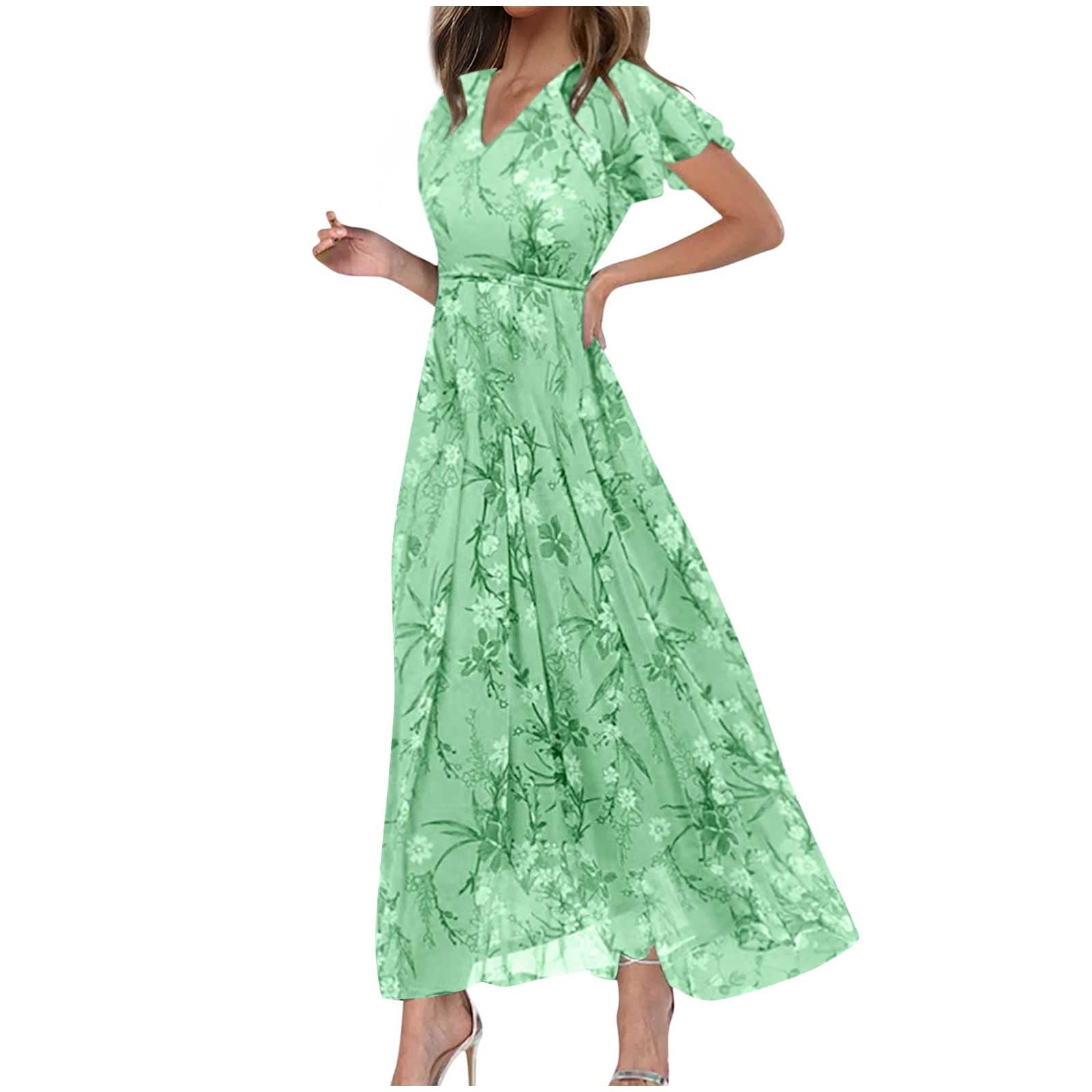 Hontri Women's Casual Dress Women's Fashionable Summer Casual Floral V Neck Short Sleeved Long Dress Green XL