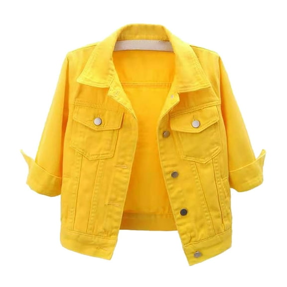 Hontri Women's Casual Jackets Women's 3/4 Sleeve Colored Cropped Denim Jacket Light Wash Jacket Lohas Time Coat Yellow 4Xl