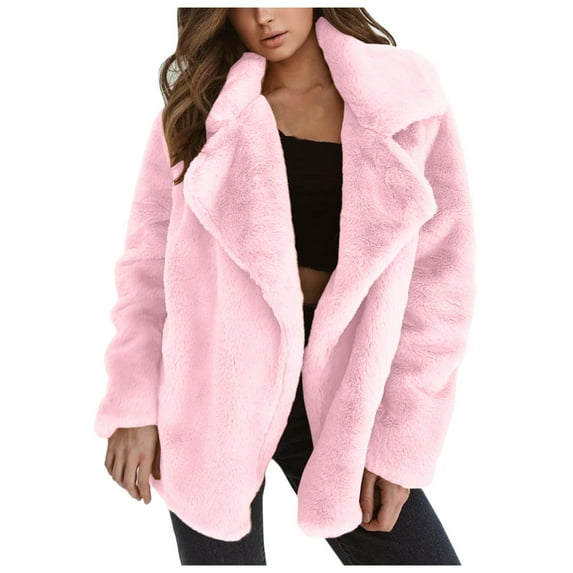 Hontri Women's Coats and Jackets on Sales, Women Autumn Winter Cardigan Long-Sleeved Lapel Double-Faced Casual Solid Color Fashion Thicken Coat Pink