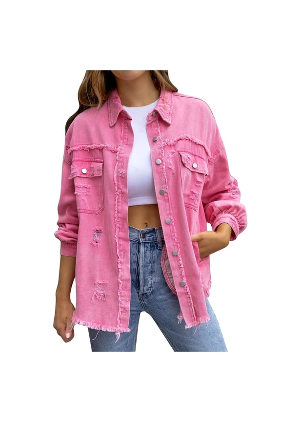 Women's Denim Jackets Long on Sales, Women's Trendy Ripped Oversized Denim Jacket Casual Long Distressed Denim Jacket Pink,Purple,Blue,Black,Green,Orange,Ag