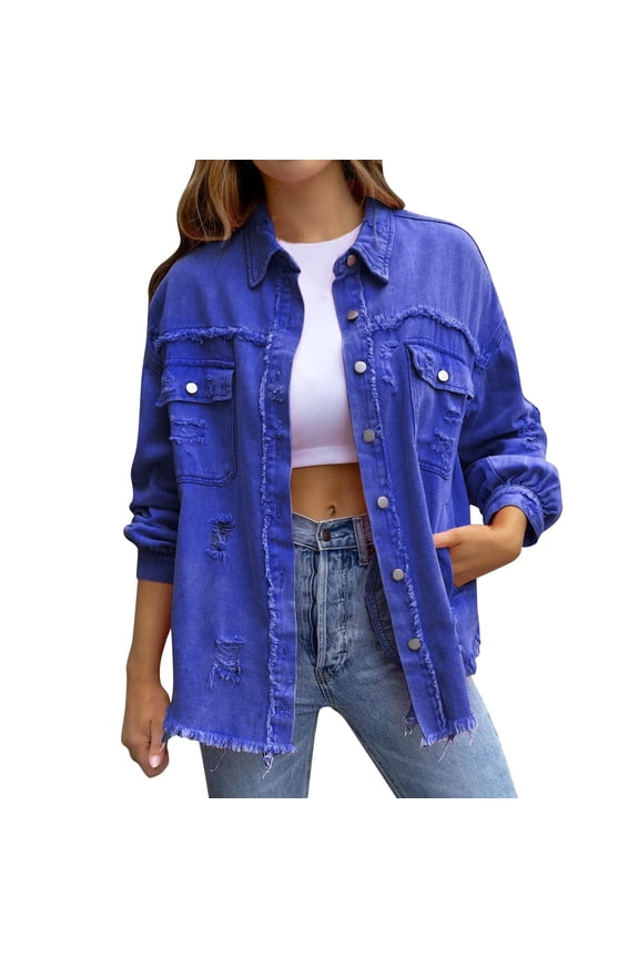 Women's Denim Jackets Long on Sales, Women's Trendy Ripped Oversized Denim Jacket Casual Long Distressed Denim Jacket Pink,Purple,Blue,Black,Green,Orange,Ag