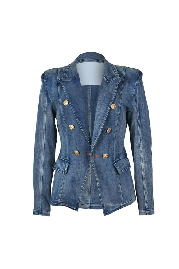 Women's Denim Jackets, Women's Slim Fit Denim Tailored Double Breasted Pockets Jeans Jacket Dark Blue Xl