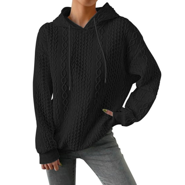 Hontri Women s Fashion Hoodies Sweatshirts Women s Textured Long Sleeve Drop Shoulder Drawstring Pullover Solid Hoodie Black 3Xl