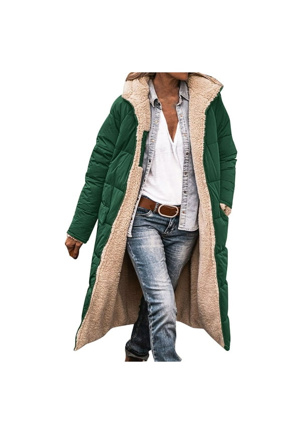 Women's Fleece Jackets & Coats, Ladies Fashionable Warm Winter Coat Double Faced Long Sleeve Hooded Down Jacket Green 2 M