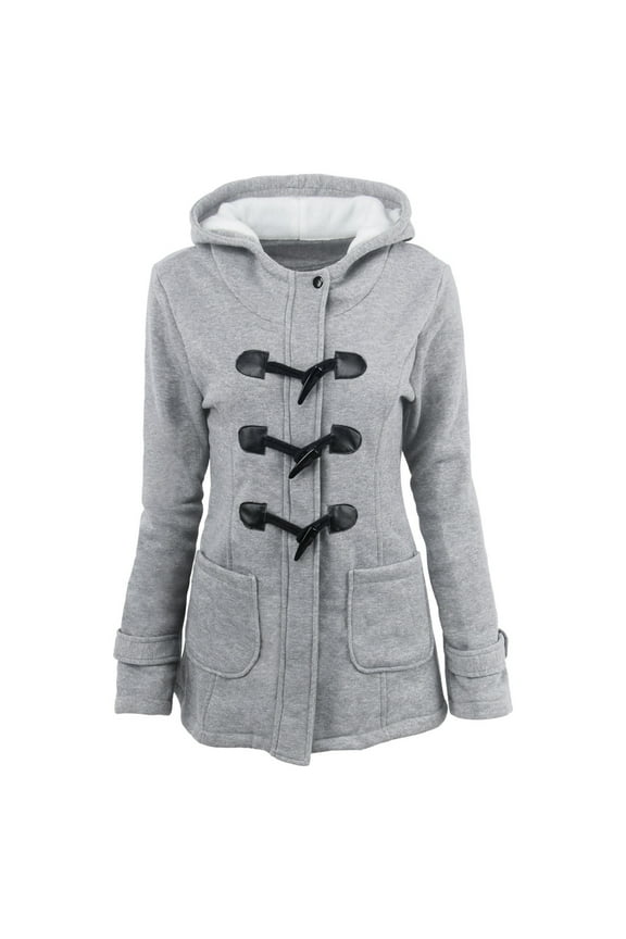 Women's Fleece Jackets & Coats, Women Solid Color Horn Buttons Cardigan Padded Hooded Coat Jacket Overcoat Grey Xl
