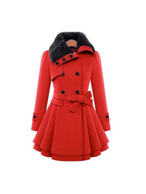 Women's Fleece Jackets & Coats, Women Windbreaker Warm Outwear Button Closure Asymmetrical Hem Cloak Coat Red Xxl