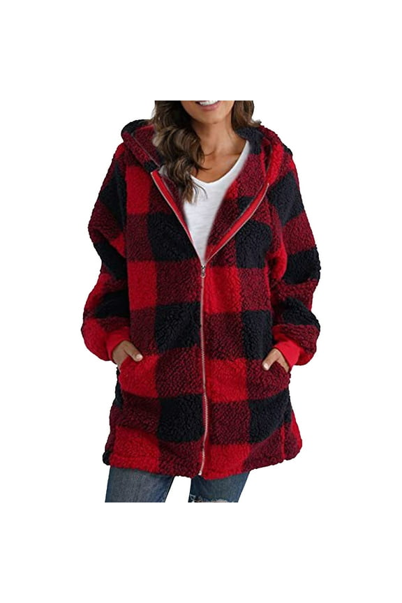 Women's Fleece Jackets & Coats, Women's Plaid Lined Hooded Jacket Button Up Oversized Fuzzy Coat Checkered Flannel Hoodie Jacket Red 5Xl