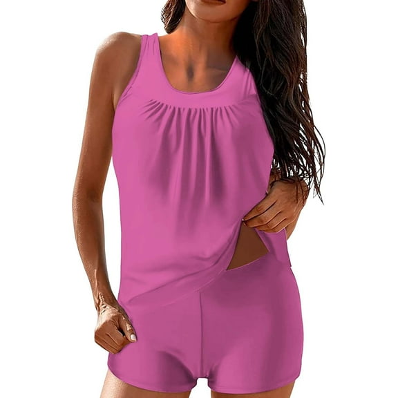 Hontri Women's Graphic Print Tankini Two-Piece Swimsuits Boyshorts Upf 50  Bathing Suits, Hot Pink, Xxl