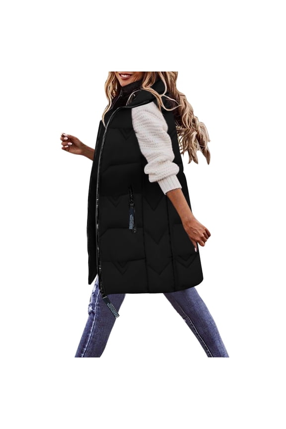 Women's Mid-Length Winter Coat Vest Hooded Sleeveless Warm Cotton Coat with Pockets Vest Cotton Quilted Outdoor Jacket on Sales, Women's Down Jackets & Parkas
