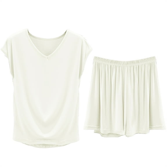 Hontri Women's Modal Lounge Set ā V-Neck Sleeveless Pajama Shorts Set, Comfortable Sleepwear & Home Outfit for Summer (White | L)