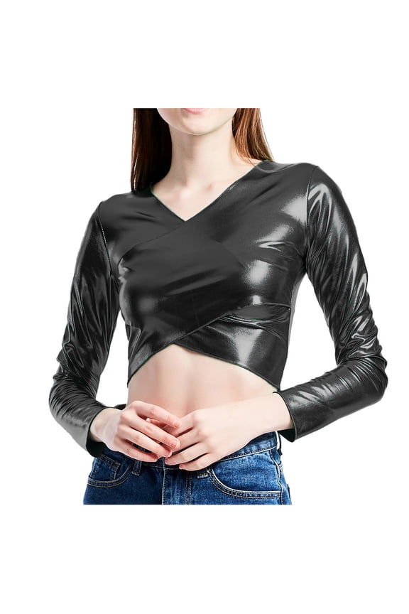 Women's Nylon Underwear, Women's Wrap-Around Patent Leather Solid Color Tube Top Shirt Performance Tops Black L under $10