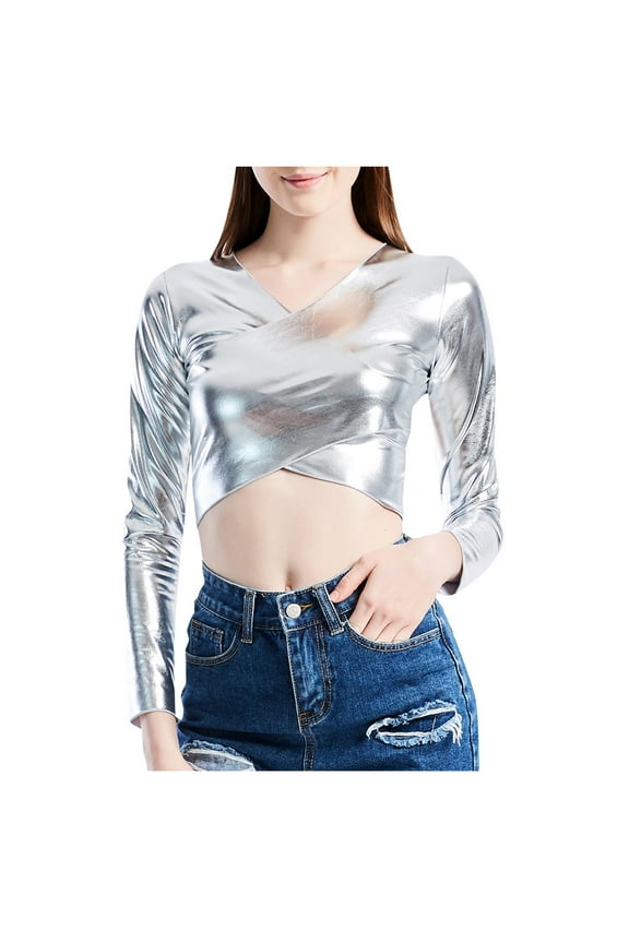 Women's Nylon Underwear, Women's Wrap-Around Patent Leather Solid Color Tube Top Shirt Performance Tops Silver L under $10