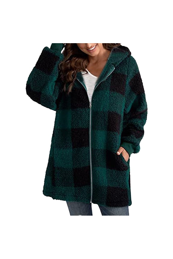 Women's Plaid Lined Hooded Jacket Button Up Oversized Fuzzy Coat Checkered Flannel Hoodie Jacket on Sales, Women's Plus Size Coats and Jackets
