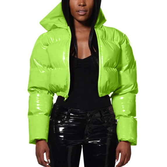 Hontri Women's Puffer Jackets, Ladies Autumn and Winter Warm Short Shiny Padded Hooded Leather Jacket Green S