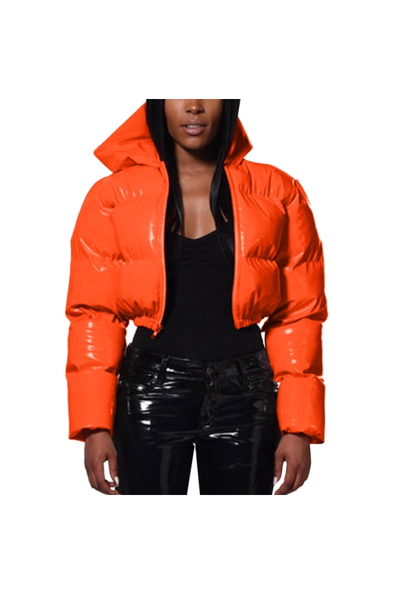 Women's Puffer Jackets, Ladies Autumn and Winter Warm Short Shiny Padded Hooded Leather Jacket Orange L
