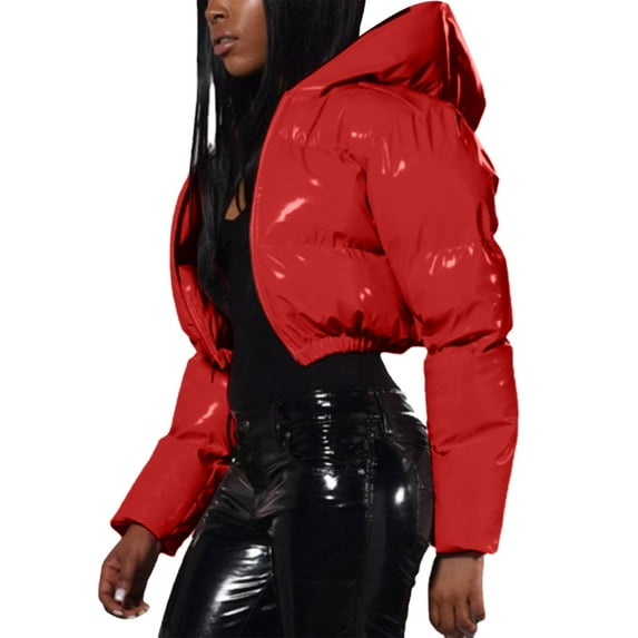Hontri Women's Puffer Jackets, Ladies Autumn and Winter Warm Short Shiny Padded Hooded Leather Jacket Red M