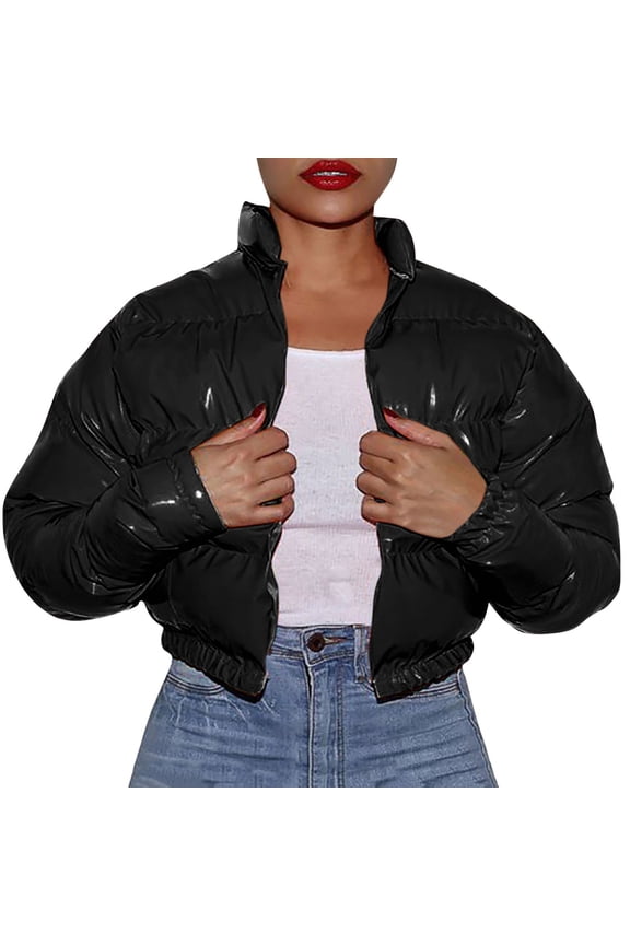 Women's Puffer Jackets, Women Autumn and Winter Cotton Coat Shiny Metal Short Cotton Coat Black Xxl