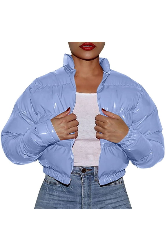 Women's Puffer Jackets, Women Autumn and Winter Cotton Coat Shiny Metal Short Cotton Coat Light Blue S