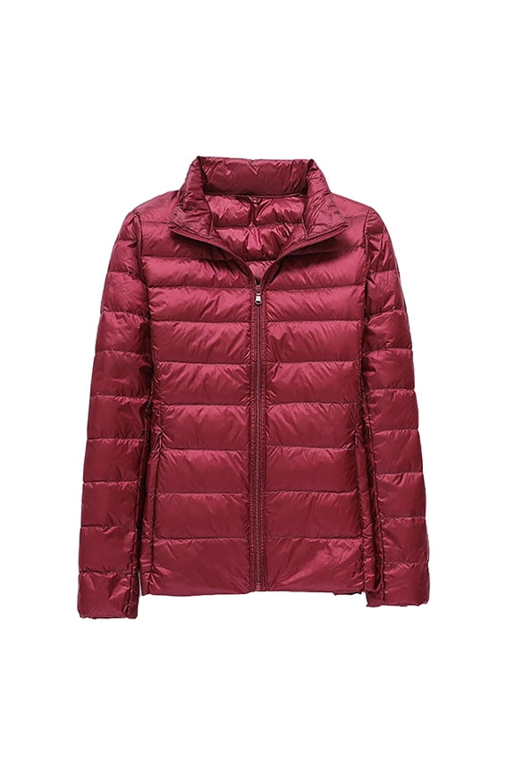 Women's Puffer Jackets, Women's Casual Solid Color Light Down Jacket White Duck Down Collar Down Jacket Wine 4Xl