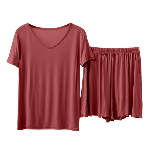 Hontri Women's Short Sleeves Casual Two Piece Pajamas Suit Red M