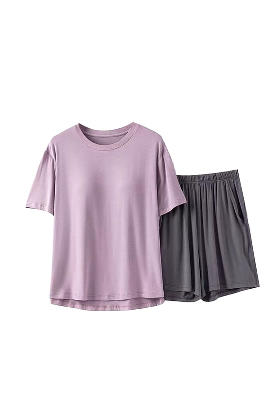Women's Sleep Shorts Set with Built-in Bra - Summer Cotton Pajama Set - Comfortable Lounge Wear with Chest Support (M-XXXXL) (Pink | XL)