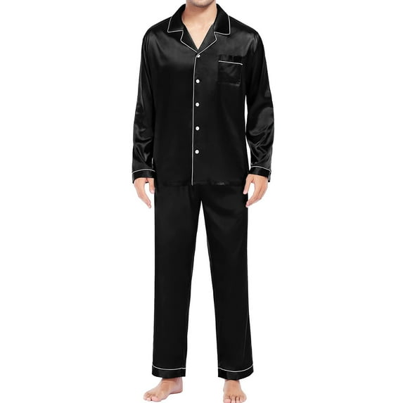 Hontri Women's Sleepwear Men's Casual Pyjamas Long Sleeve Blouse Button Silk Satin Two Piece Sleepwear Suit Pant Pyjama Black Xl