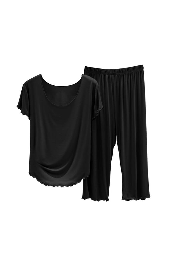 Women's Sleepwear Women's Solid Color Pajamas Round Neck Short Sleeved Pajamas and Capris Pajama Set Black L