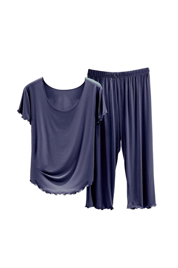 Women's Sleepwear Women's Solid Color Pajamas Round Neck Short Sleeved Pajamas and Capris Pajama Set C L