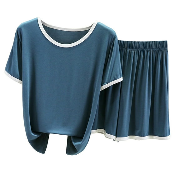 Hontri Women's Summer Pajama Set - 2-Piece Short Sleeve Sleepwear with Pockets (Breathable Cotton | Matching Top & Shorts | Home Lounge Wear) (Blue 2 | XXL)