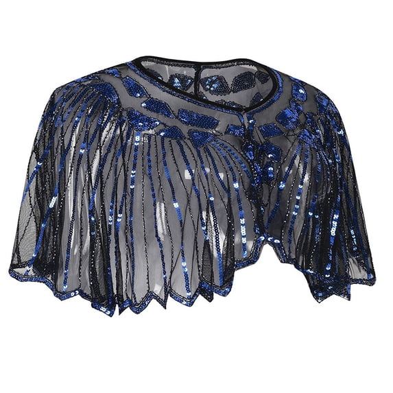 Hontri Women's T Shirt Short Sleeve, Women's 1920S Shawl Beaded Sequin Deco Evening Cape Bolero Flapper Cover Up Blue One Size Under $10