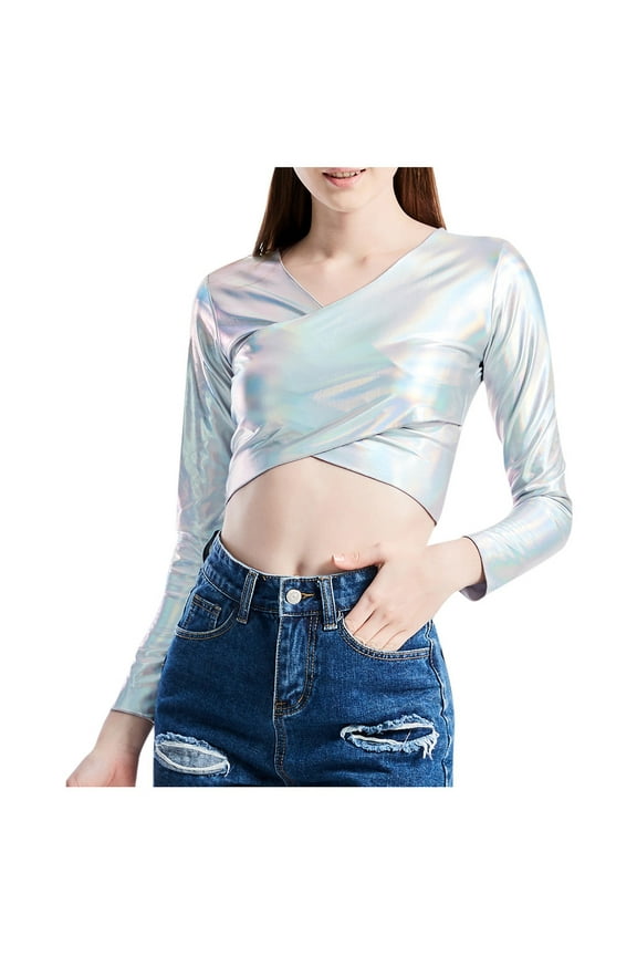 Women's T Shirt Short Sleeve, Women's Wrap-Around Patent Leather Solid Color Tube Top Shirt Performance Tops White Xxl under $10