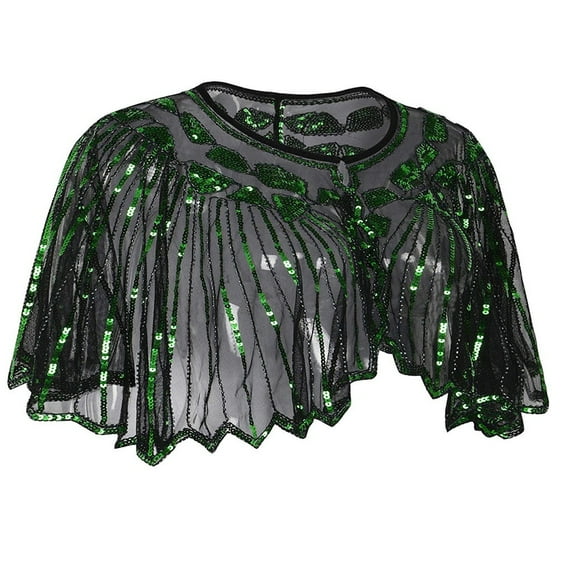 Hontri Women's T Shirts Loose Fit, Women's 1920S Shawl Beaded Sequin Deco Evening Cape Bolero Flapper Cover Up Green One Size