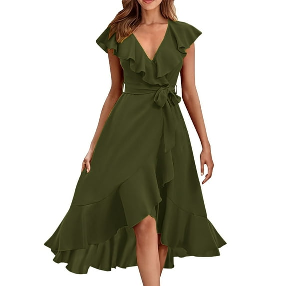 Hontri Women's Wear To Work Dresses Women's V Neck Short Sleeve Ruffled Long Lace Up Dress Army Green Xxl