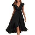 thumbnail image 1 of Hontri Women's Wear To Work Dresses Women's V Neck Short Sleeve Ruffled Long Lace Up Dress Black Xl, 1 of 5