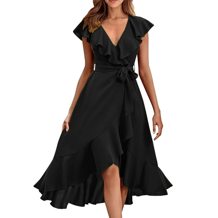 Hontri Women's Wear To Work Dresses Women's V Neck Short Sleeve Ruffled  Long Lace Up Dress Black Xxl - Walmart.com