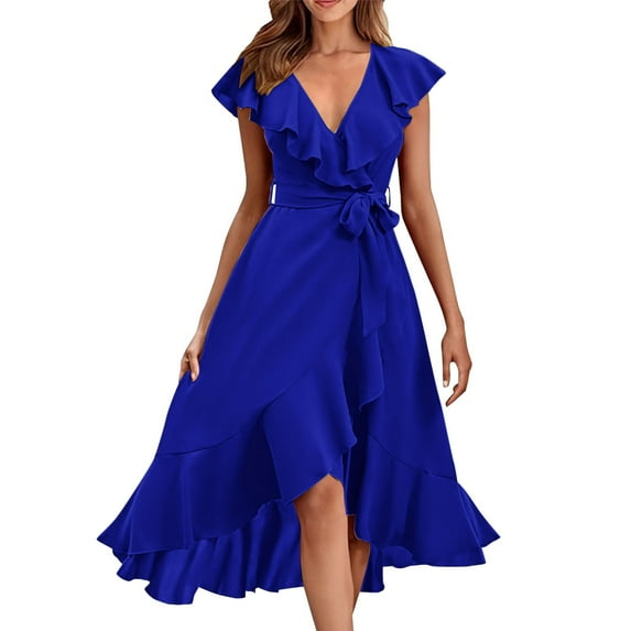 Hontri Women's Wear To Work Dresses Women's V Neck Short Sleeve Ruffled Long Lace Up Dress Blue 1 Xl