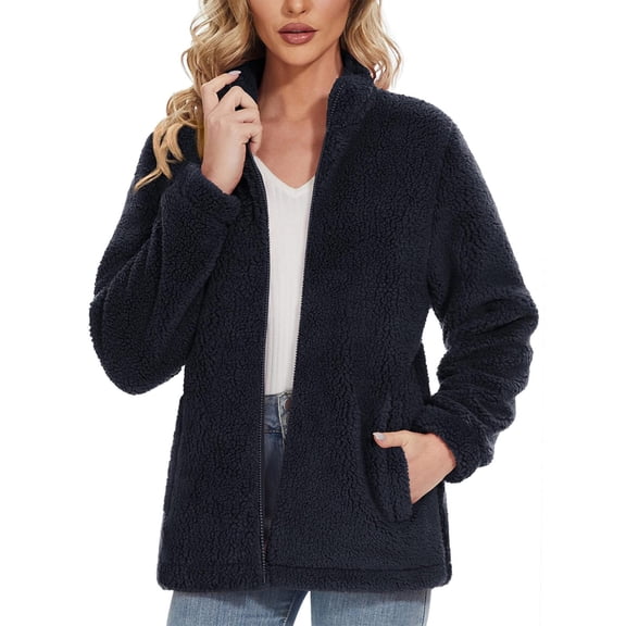 Hontri Women's Winter Zipper Wool Teddy Casual Coat Zipper Pocket Winter Warm Soft Jacket on Sales, Plus Size Coat for Women