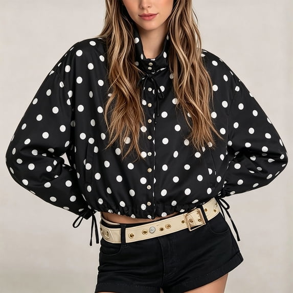 Hontri Womens Polka Dot Zip up Cropped Jackets Lightweight, Lapel Collar, Casual Trendy, Fall Spring Outfits, Streetwear Black L