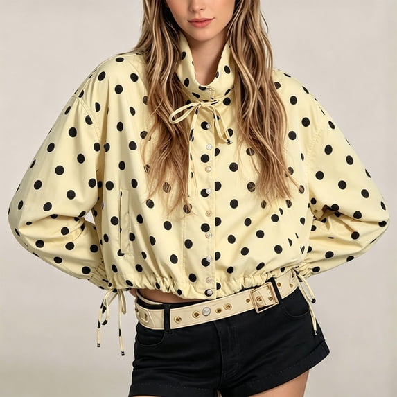 Hontri Womens Polka Dot Zip up Cropped Jackets Lightweight, Lapel Collar, Casual Trendy, Fall Spring Outfits, Streetwear Yellow S