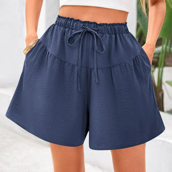 Hontri Womens Shorts Womens Shorts 2025 Summer Drawstring Ruffle Elastic High Waist Solid Color Casual Beach Shorts with Pockets Shorts for Women