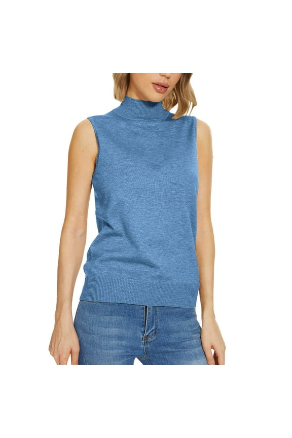 Women's Pullover Sweater, Women Sleeveless Mock Neck Tops for Women Sweater Knit Turtleneck Soft Basic Vest Tank Lightweight Blue Xxl under $10