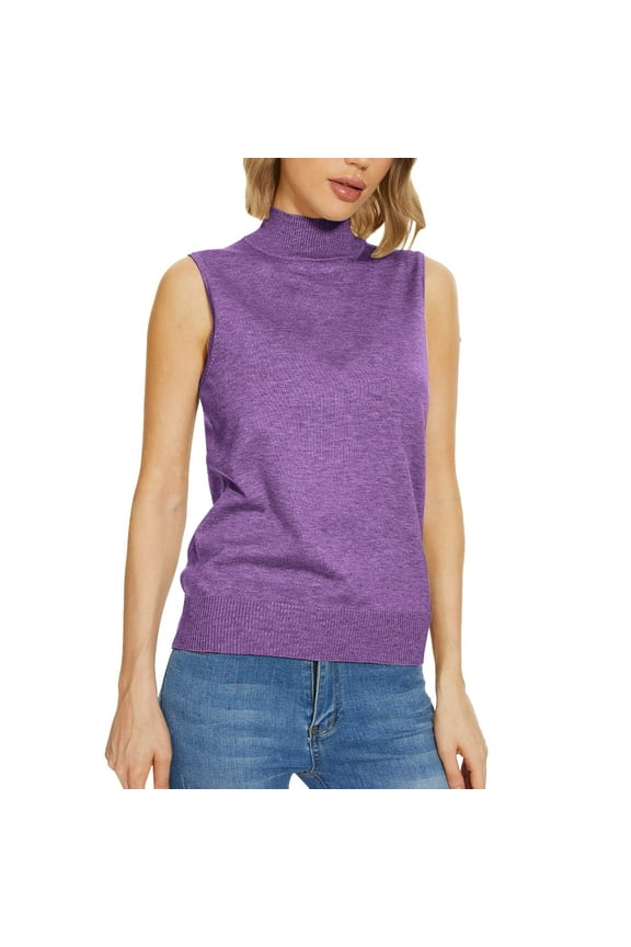 Womens Sweaters Women Sleeveless Mock Neck Tops for Women Sweater Knit Turtleneck Soft Basic Vest Tank Lightweight Clearance Purple Xl